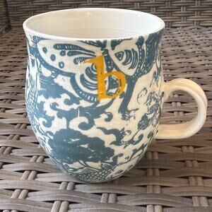 Anthropologie Homegrown Letter b Monogram Mug Green Floral Yellow Initial B